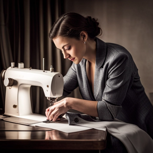 a woman cutting out a dress pattern next to a sewing machine. Or pinning fabric to a form to make a suit.