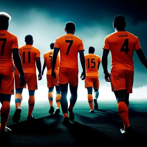 a squad walking on to the pitch in an orange kit